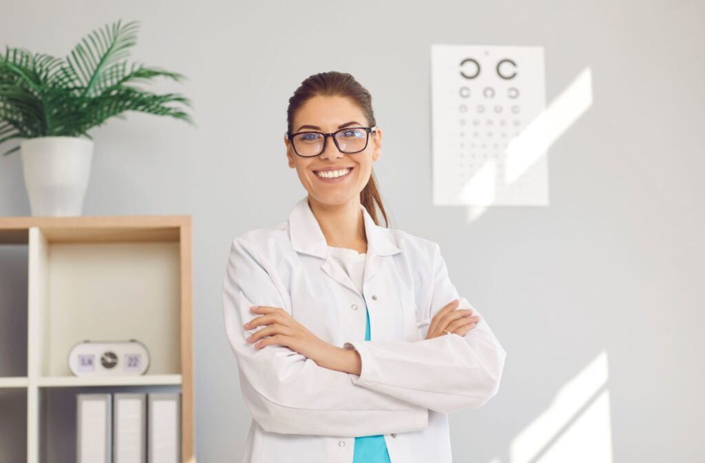 A cheerful optometrist standing in front of an eye chart.