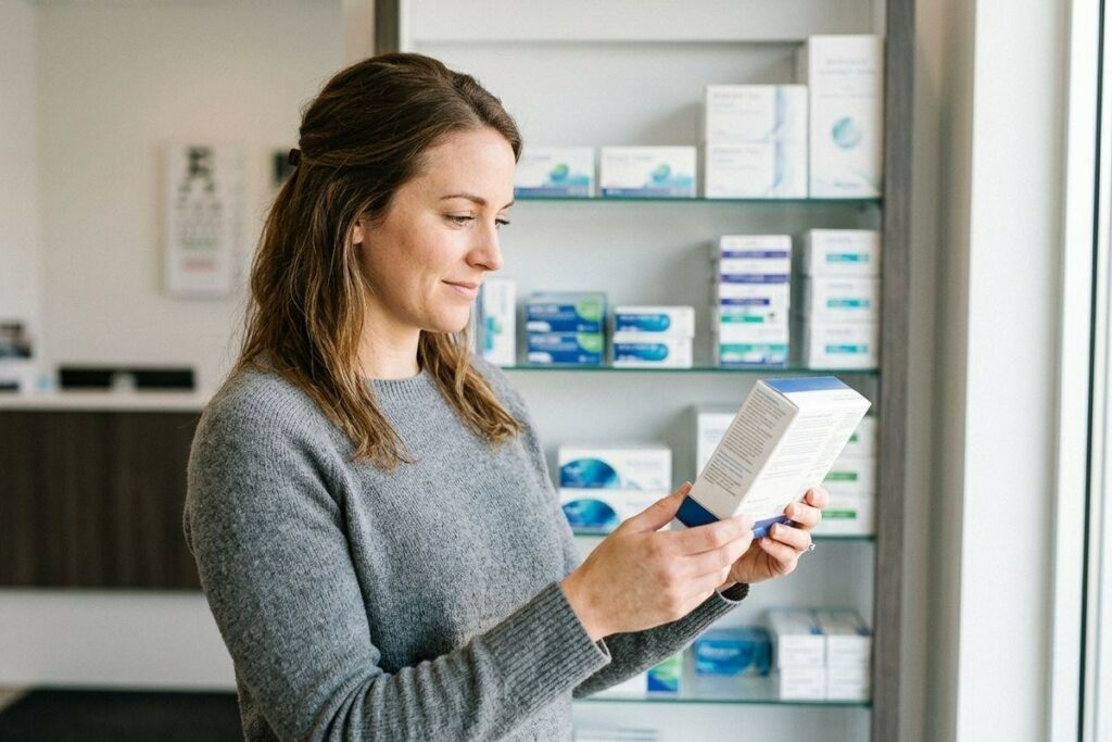 Adult reading the label on a product box in an optometrist's office, shelves of packaged eye care products visible behind them.