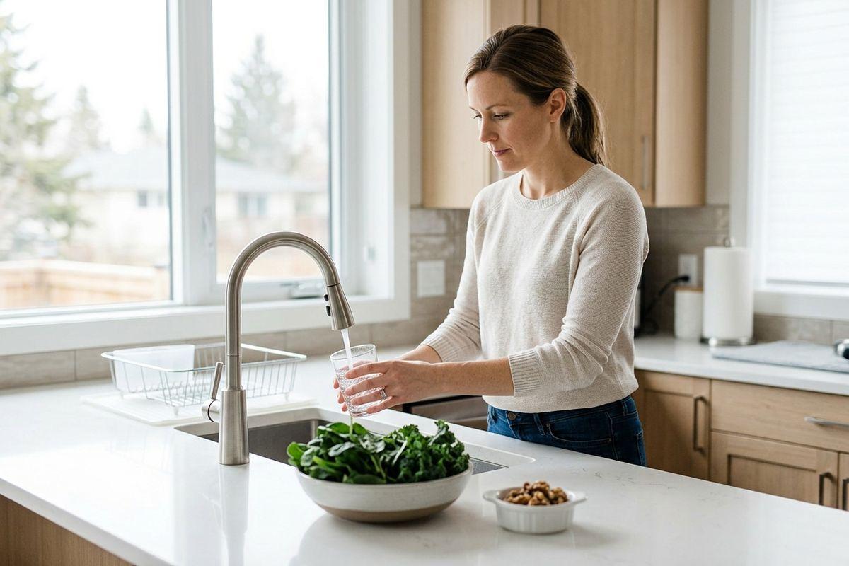 Adult filling a glass of water at a kitchen sink, with a bowl of leafy greens and nuts on the counter nearby.