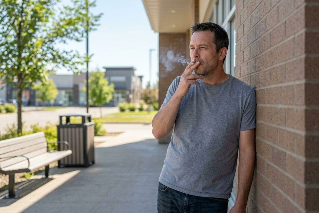 Adult leaning against a brick building outdoors, smoking a cigarette.