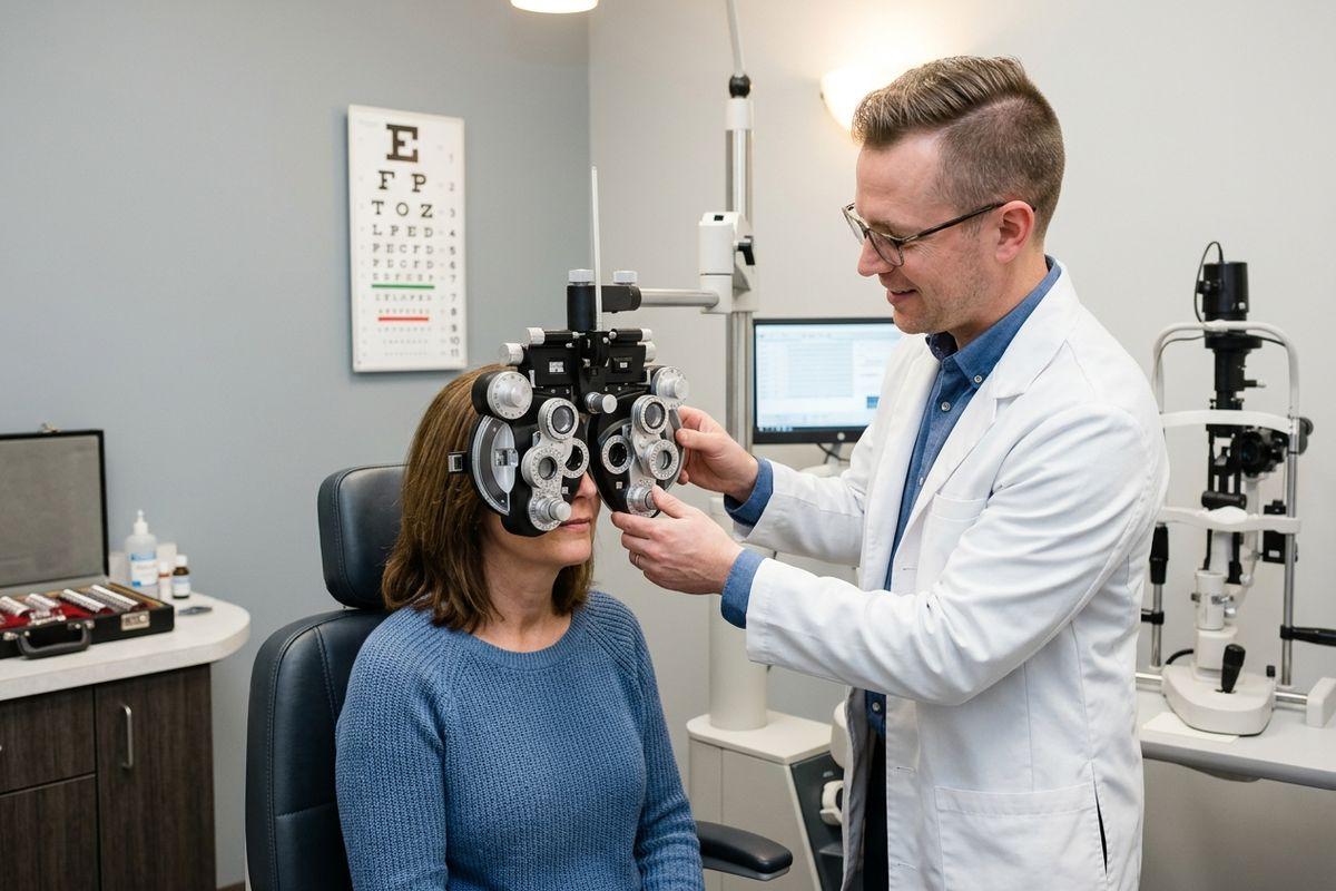 Optometrist adjusts a phoropter for a seated patient during an eye exam, with an eye chart on the wall behind.