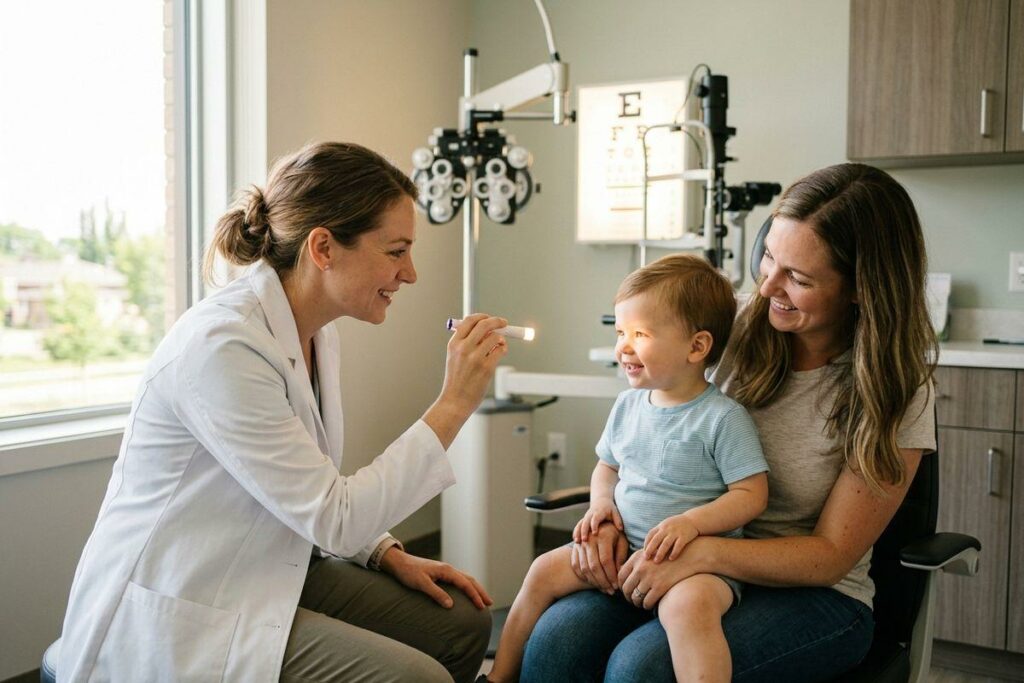 Optometrist shines a light into the eyes of a smiling child sitting on an adult's lap during an eye exam.
