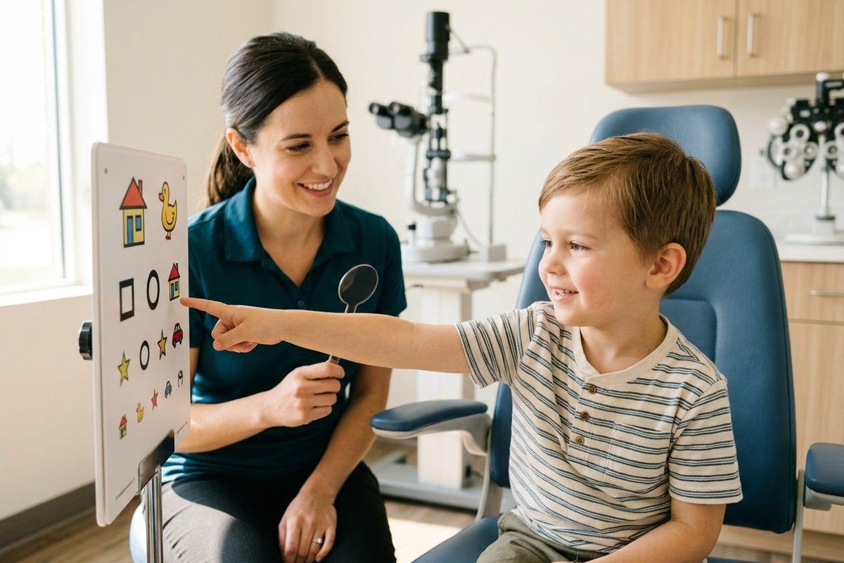 Optometrist smiling as a child points at a picture eye chart during an exam in an eye clinic.