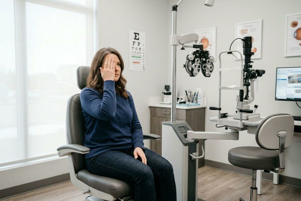 Person covering one eye with hand during vision test in optometrist exam room, eye chart on wall.