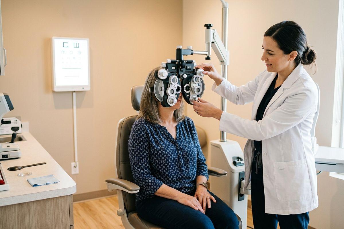 Optometrist adjusting a phoropter during an eye exam as a seated patient looks through it, eye chart on wall.