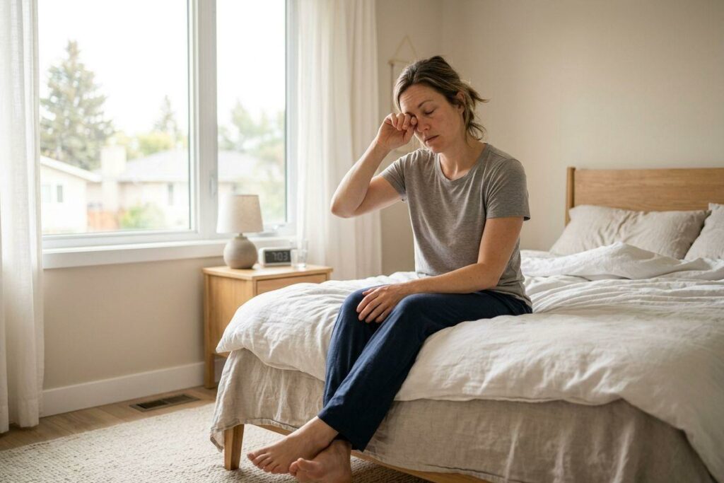 Person sitting on edge of bed, rubbing eyes with hand, looking tired, beside a window and nightstand with clock.
